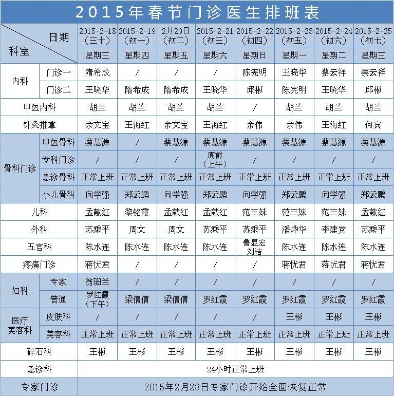 台州市博爱医院,路桥博爱医院,2015年春节,门诊排班表