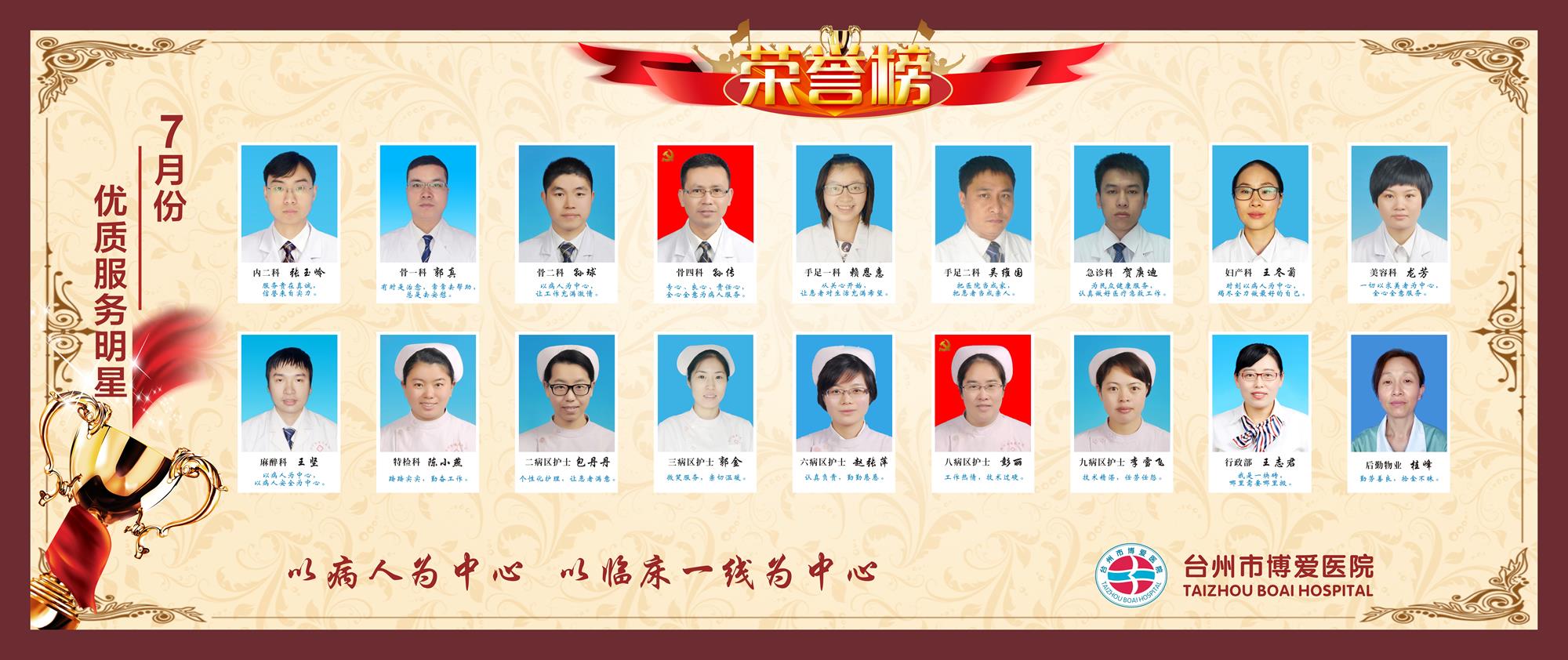 【比学拼榜】7月份服务明星火热出炉｜台州市博爱医院