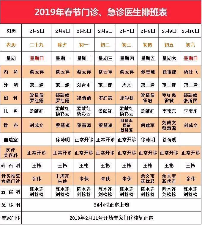 台州市博爱医院春节排班表